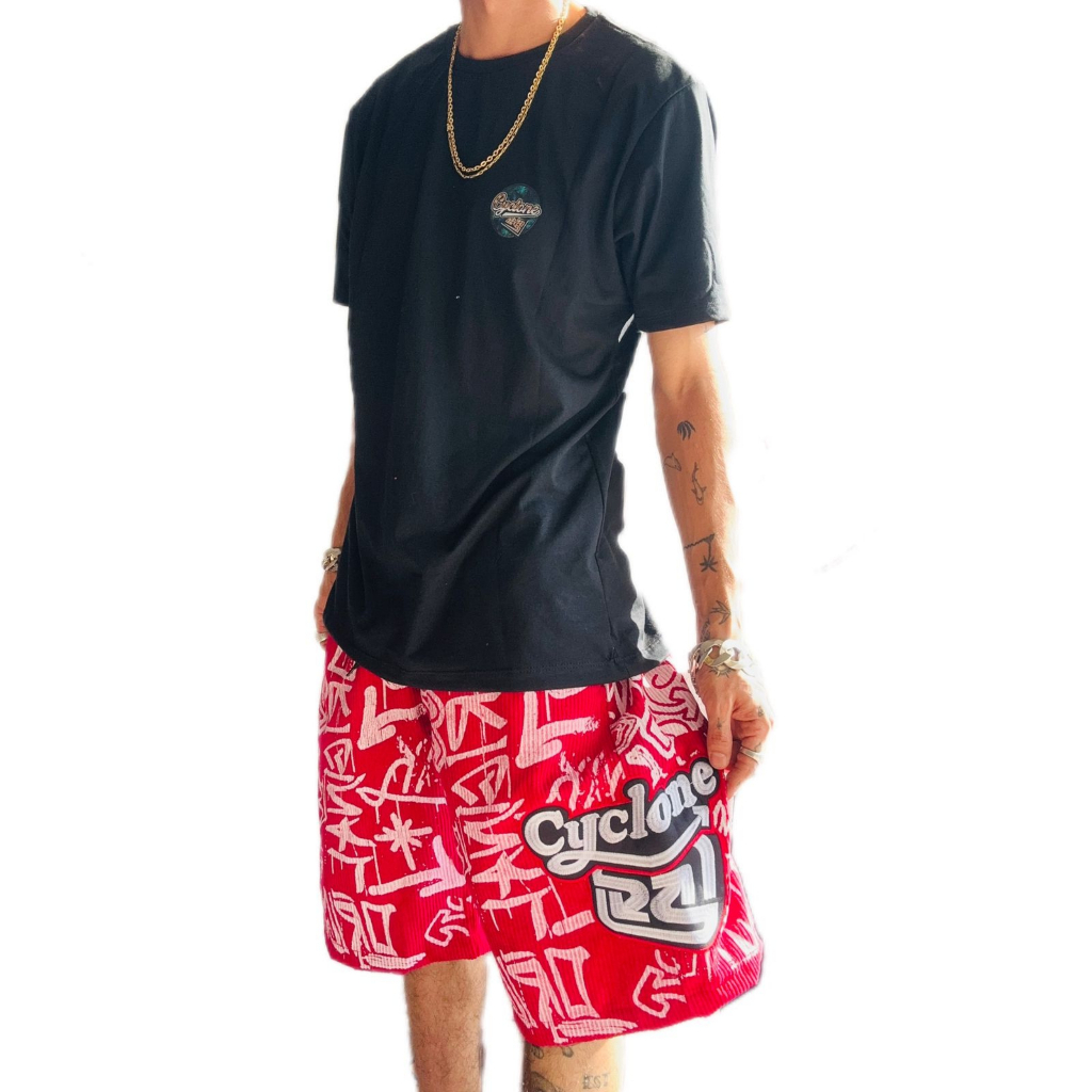 BERMUDA CYCLONE VELUDO RED ESTAMPADO  + CAMISETA CYCLONE ALGODÃO