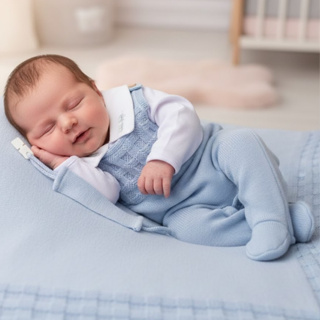 Kit Saída Maternidade Bebê Menino em Tricô Manta + Body + Jardineira + Prendedor de Chupeta em Oferta na Shopee