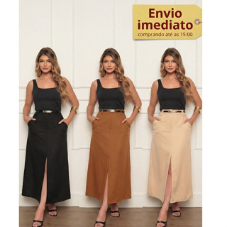 Saia Midi Feminina Social Alfaiataria com Fenda e Cinto – Sofisticada e Confortável Valued em Oferta na Shopee