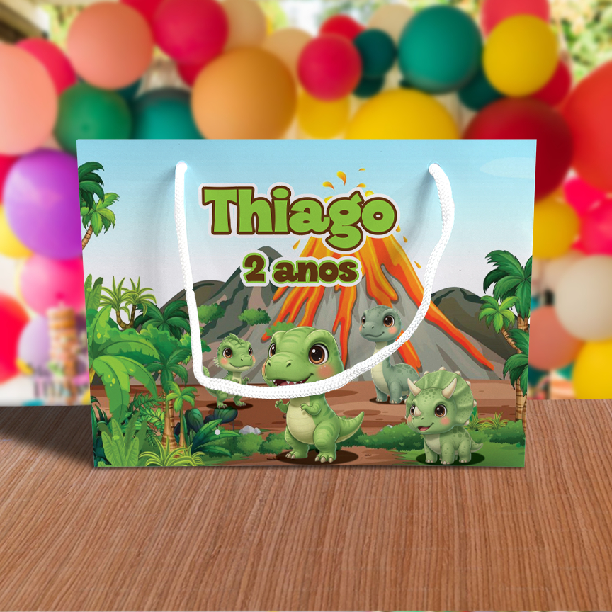 Sacolinha de Festa Dinossauro Cute Lembrancinha Personalizada Kit Festa Sacola Deitada Reta