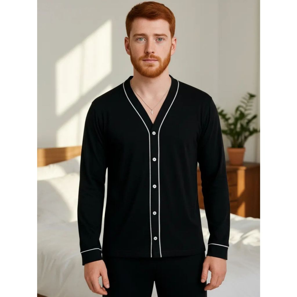 Pijama Americano Masculino Adulto Verão ou Inverno Calça ou Short Manga Longa ou Curta Pós Cirúrgico Botões que Abrem