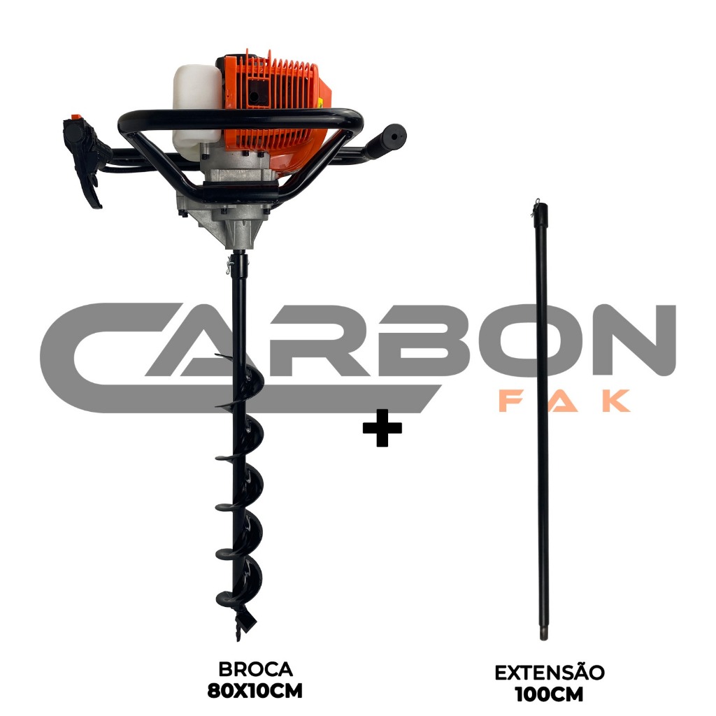 Perfurador de Solo a Gasolina 2,5HP 52cc Profissional com Broca 80x10cm + Extensão 100cm Carbon Fak