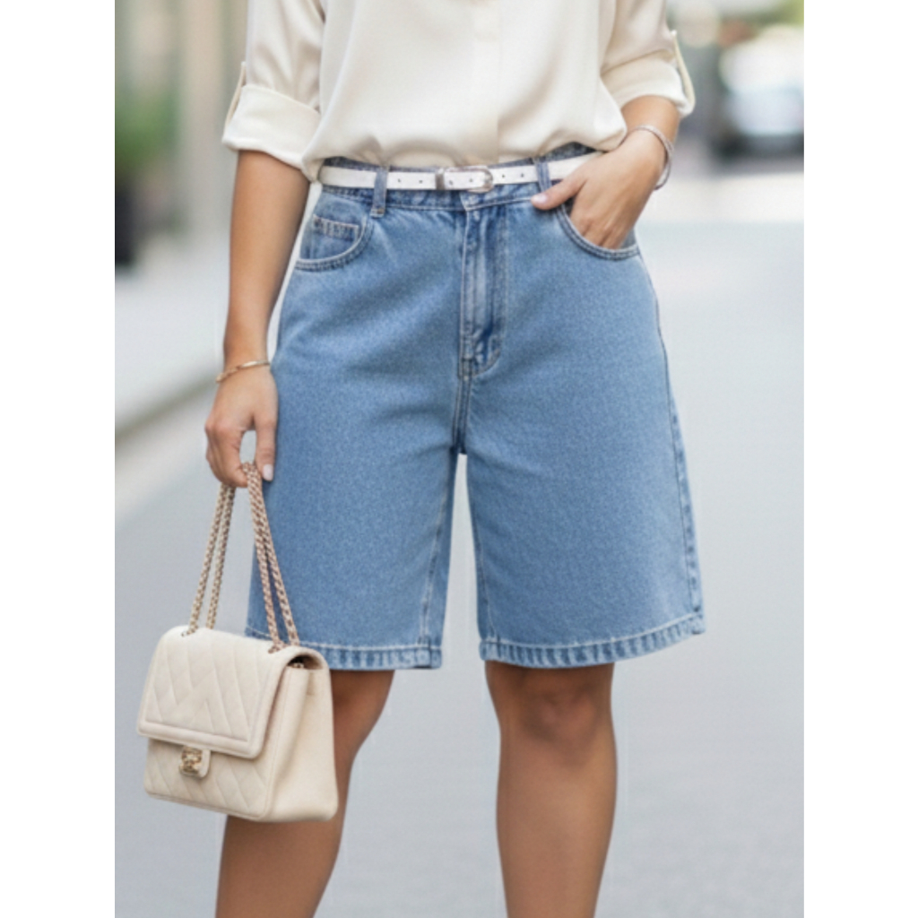 Bermuda Jeans Feminina Marmorizada Sem Lycra Cintura Alta com Bolsos Comprida Soltinha Confortável