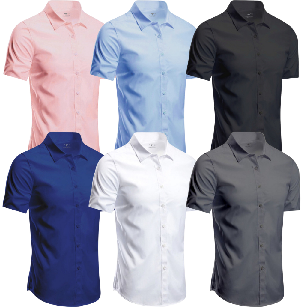 Camisa Social Masculina Manga Curta Malha Slim Lisa em Algodão Tecido Premium Sem Amassados