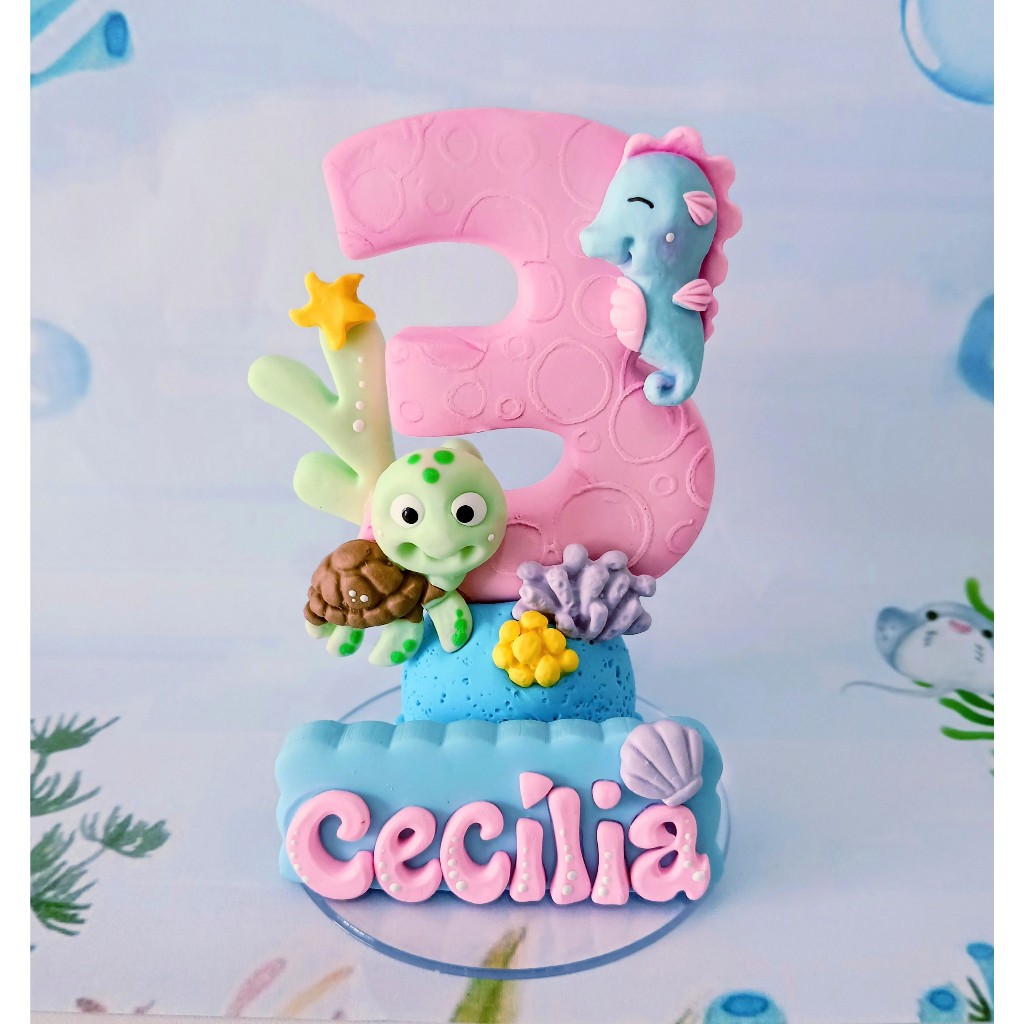 Vela aniversário fundo do mar menina/rosa personalizada  decorada biscuit