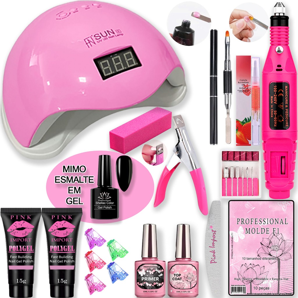 SUPER KIT MANICURE PROFISSIONAL – ALONGAMENTO, BLINDAGEM + CABINE 48W GEL OU POLYGEL
