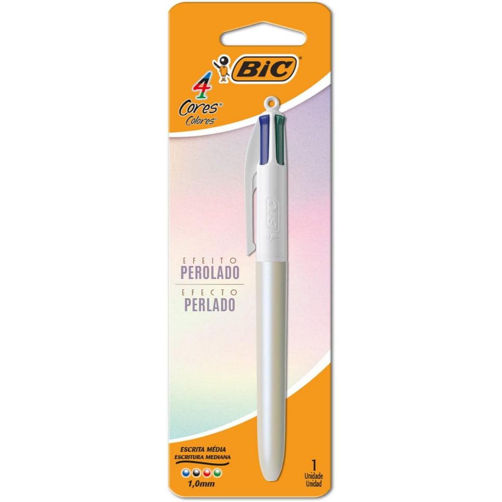 Caneta BIC Escrita Média Retrátil, 4 Cores Efeito Perolado, Corpo Perolado Branco, BIC, 1 Unidade