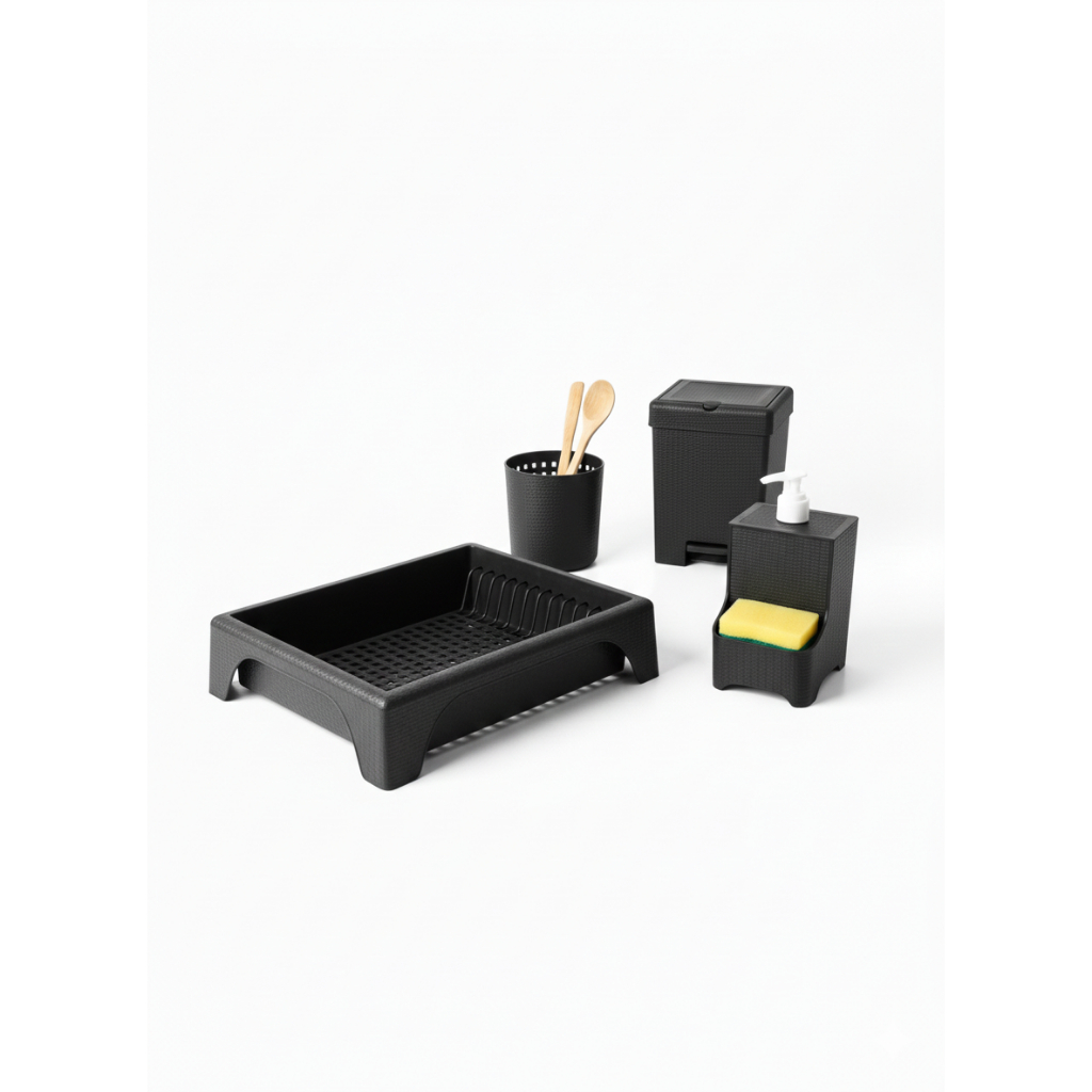 ✅ Essencial na Cozinha! Kit Pia 4 Peças Preto Texturizado. Lava Louça, Lixeira e Porta Talher! 🍴🧺