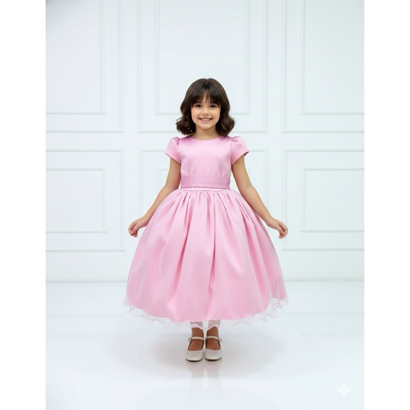 Vestido Infantil Rosa Luxo Festa Princesa em Cetim com Mangas Bufantes e Saia de Tule Rodada