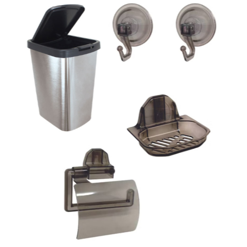 Super Kit Para Banheiro Fumê Daivak - 1 Porta Papel Com Tampa + 1 Saboneteira Star + 2 Ganchos + 1 Lixeira 9 L Prateada