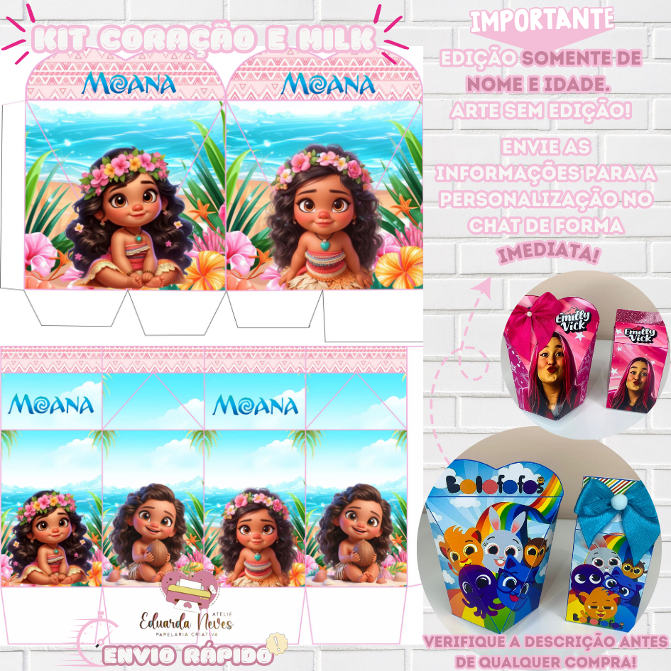 KIT CAIXA MILK E/OU CORAÇÃO LEMBRANCINHAS (COM/SEM NOME) TEMA: MOANA BABY - Envio rápido! em Oferta na Shopee