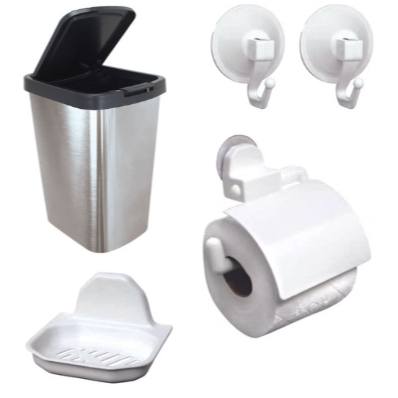 Kit Banheiro Branco Daivak - 1 Porta Papel Com Tampa, 1 Saboneteira Star, 2 Ganchos e Lixeira 9L Prateada.