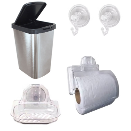 Super Kit Completo Banheiros Cristal Daivak - Porta-Papel Com Tampa, Saboneteira Star, 2 Ganchos e Lixeira 9 L Prateada.