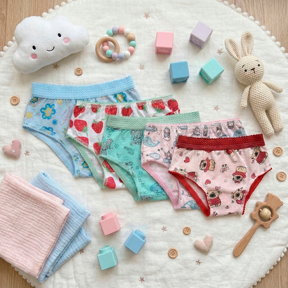Kit 5 Calcinhas Infantis Algodão Sortidas com Cós Sem Cós Confortáveis Estampadas Menina