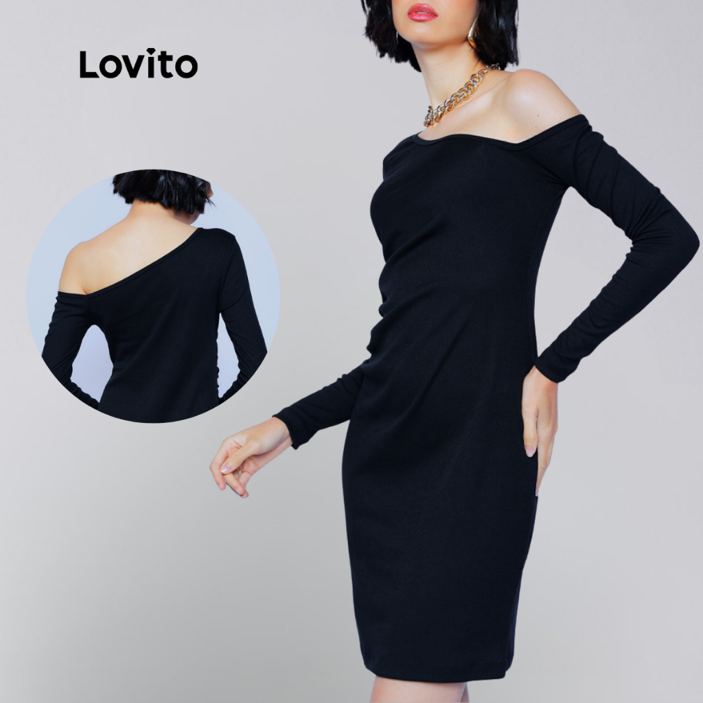 Lovito Vestido Curto Manga Longa Basico Ombro Caido Elegante Liso Feminino LB611BRL641 em Oferta na Shopee