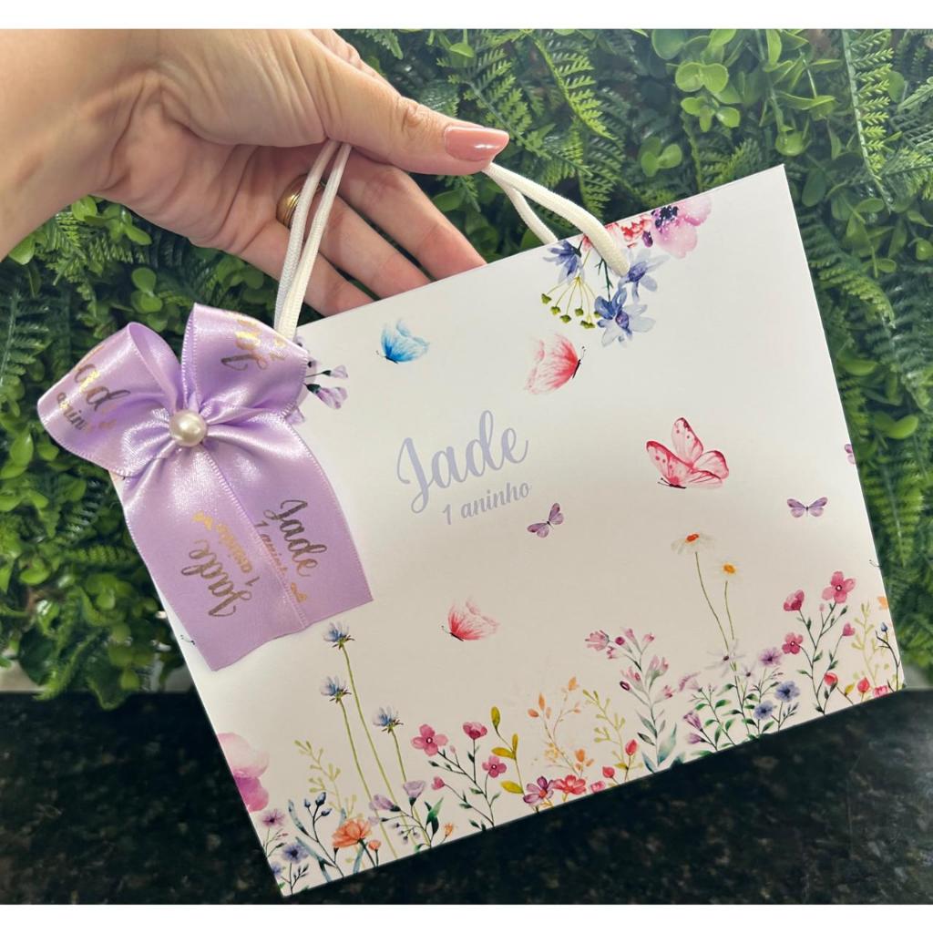 Sacolinha Surpresa Personalizada Jardim das Borboletas Lilás com Laço | Lembrancinhas | Festa Aniversário | Lancheirinha