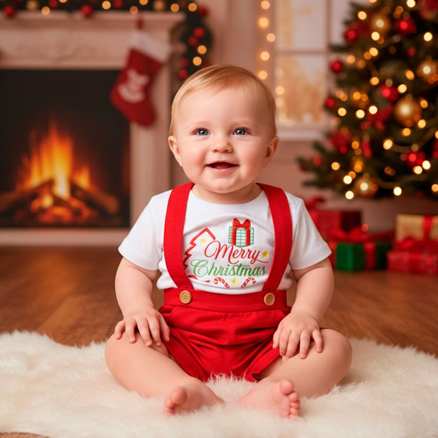 Conjunto Infantil Kids Natalino Menina/Menino de Natal Jardineira com Camiseta