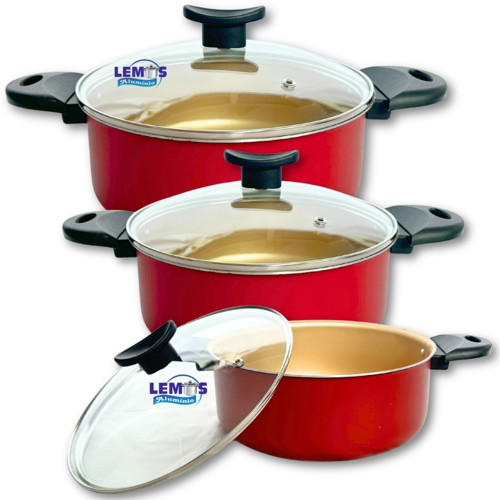 Jogo de Panela Antiaderente Com 3 Peças Kit Conjunto Caçarola N16-18-20 Ou 20-22-24 Teflon Vermelha