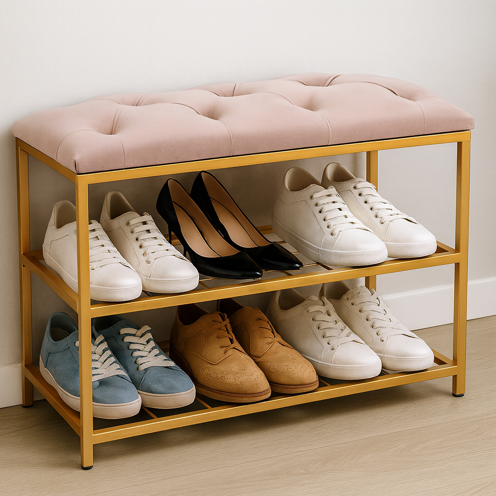 Sapateira Banco 2 Andares 47x30x60cm Metal Dourado com Assento Estofado Veludo Rose Organizador