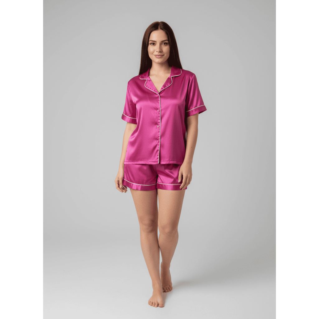 Conjunto Pijama Americano de Cetim com Elastano Pink - Manga Curta e Shorts Doll com botões e viés!! em Oferta na Shopee