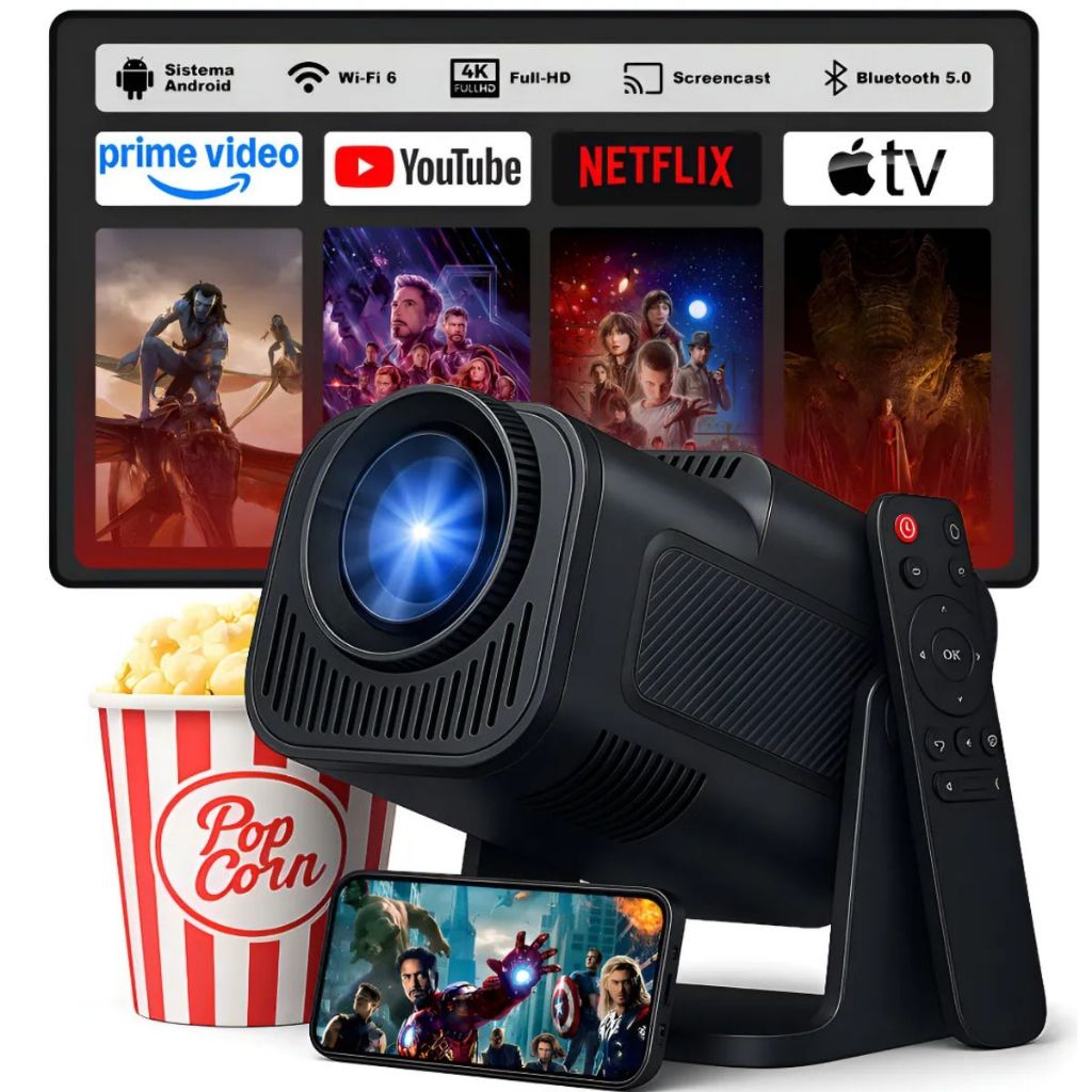 Projetor Profissional Smart HY 320 4K Android Full HD 1280x720 Bluetooth Wi-fi Reunioes Jogos Cinema