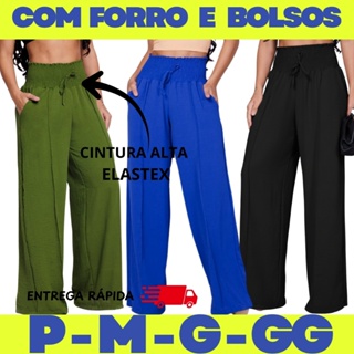 Calça Feminina Pantalona Social Alfaiataria – Forro, Bolsos, Cintura Alta Lastex Elegante em Oferta na Shopee