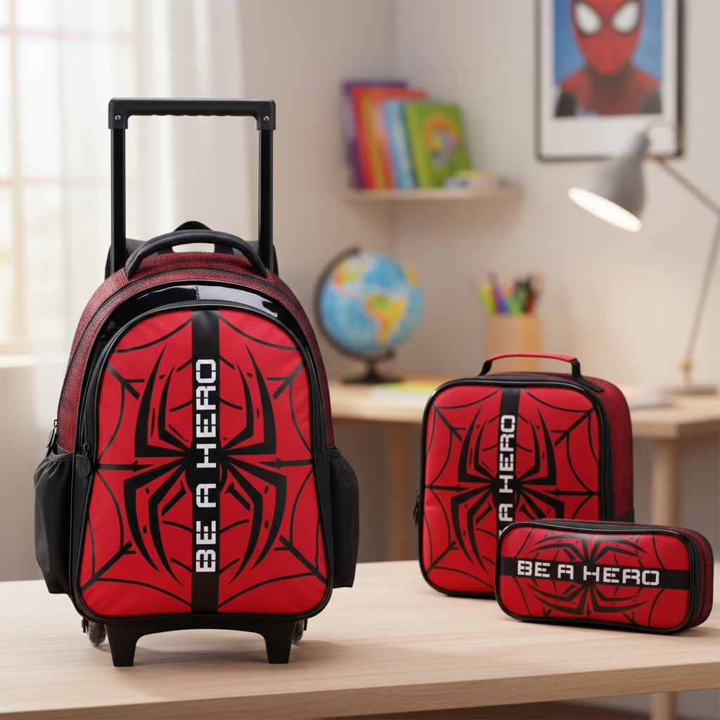 Kit Mochila Escolar Infantil com Rodinhas, Lancheira e Estojo Duplo Spider Aranha Masculina Menino