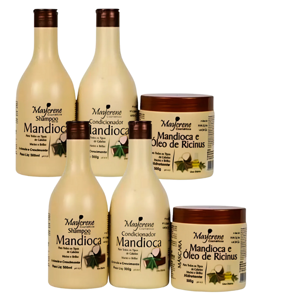 2 Kit Hidratação Profunda Mandioca + Óleo De Ríscino Shampoo, Condicionador e Máscara De Hidratação 3X500