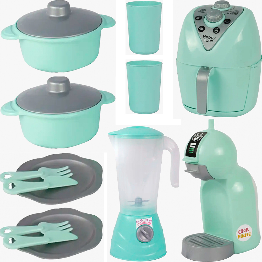 KIT Cozinha de Brinquedo Infantil Altimar Panelas Airfryer Cafeteira 15 peças Faz de Conta Vintage