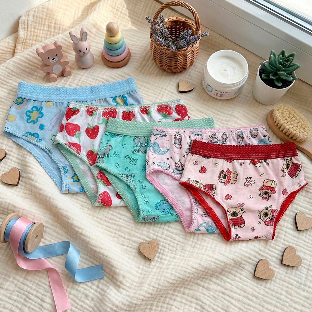 Kit 5 Calcinhas Infantis Algodão Sortidas Menina com Cós Sem Cós Estampadas Confortáveis Roupa Íntima Infantil