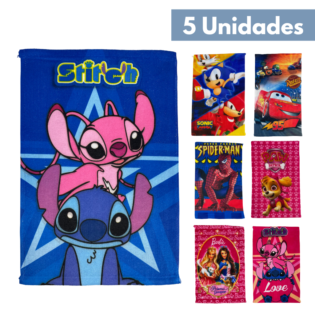 Kit 5 Toalhas Lavabo Escolar Infantil Boca e Mão Personagens 28x42