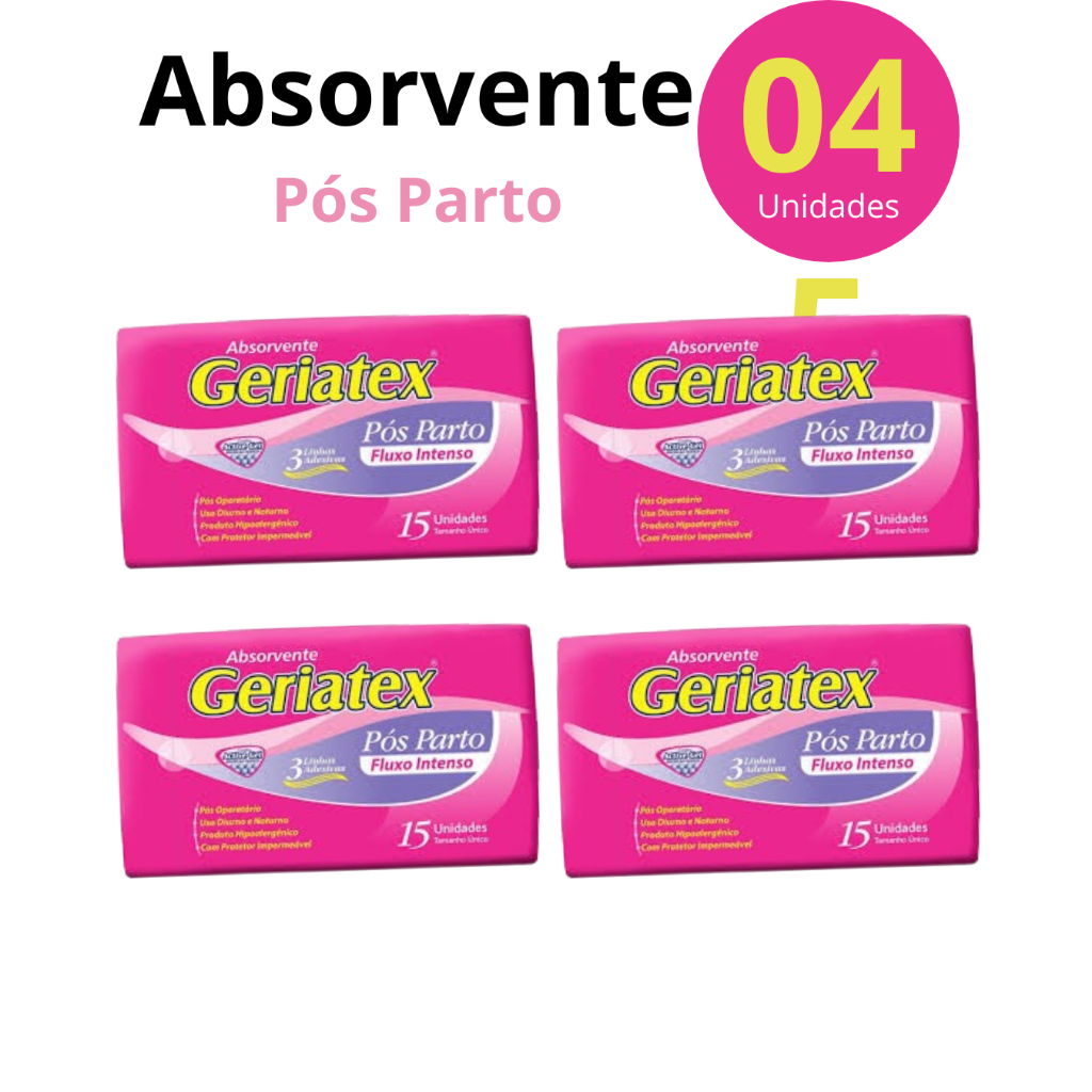 Absorvente Pós-Parto Fluxo Intenso Geriatex - 15 unidades. Uso Diurno e Noturno Com Protetor Impermeável. 4 PACOTES
