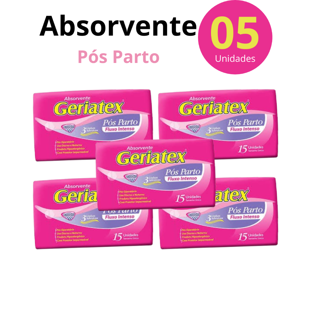 Absorvente Pós-Parto Fluxo Intenso Geriatex 5 PCT- 15 uni. Uso Diurno e Noturno Com Protetor Impermeável. Tam. ÚNI