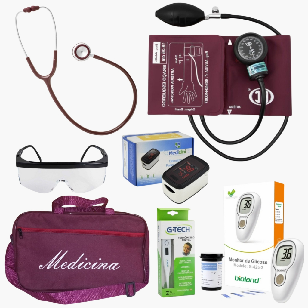 KIT MEDICINA ESTETOSCÓPIO E APARELHO DE PRESSÃO BIC CJ0949 VINHO