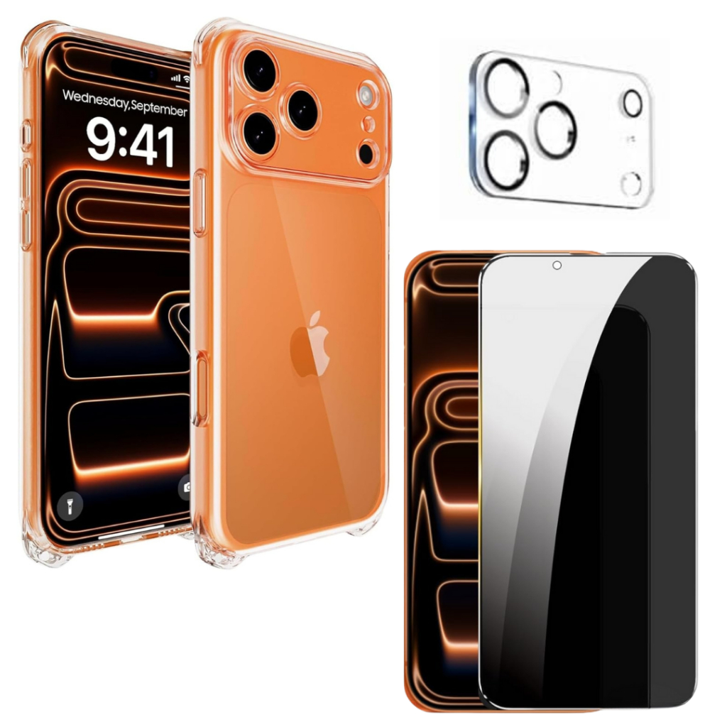 Capa Capinha Transparente Anti-queda + Película 3D 9D Privacidade + Câmera para iPhone 17, 17 Air, 17 Pro, 17 Pro Max.