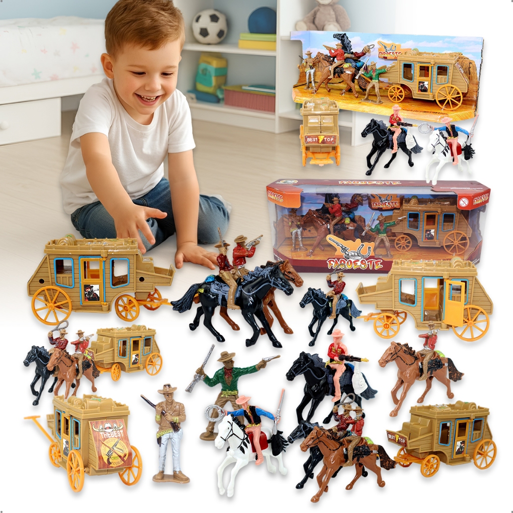 Kit Aventura no Velho Oeste Infantil Brinquedo Bonecos Colecionável Mini Figuras e Carruagem 07 Peça