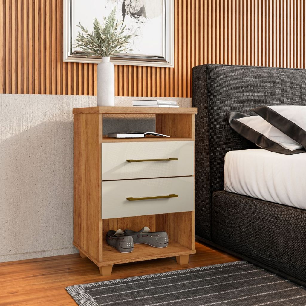 Mesa Cabeceira 2 Gavetas com Nicho 45CM Puxador MDP Mesinha Canto Para Quarto Cama