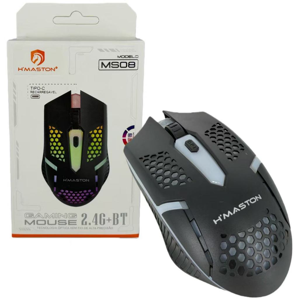 Mouse Gamer H’Maston MS08 Sem Fio 2.4G Ou Bluetooth RGB Recarregável Tipo-C Alta Precisão 1600 DPI