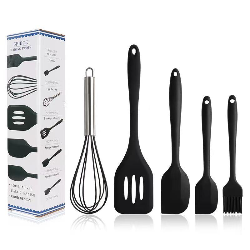 Kit Culinario Conjunto de Utensílios de Silicone 5 Peças Espátula /Pinça Pegador De Alimentos /Pincel /Fouet Fue - Preto