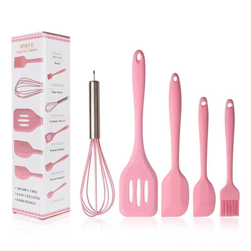 Jogo de Cozinha Silicone Kit 5 Peças de Colher Espátula Fue Pequena Pincel Batedores de ovos Jogo - Rosa