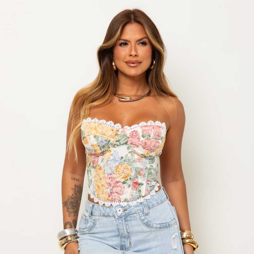 Cropped Corselet Feminino Estampado Tendência em Oferta na Shopee