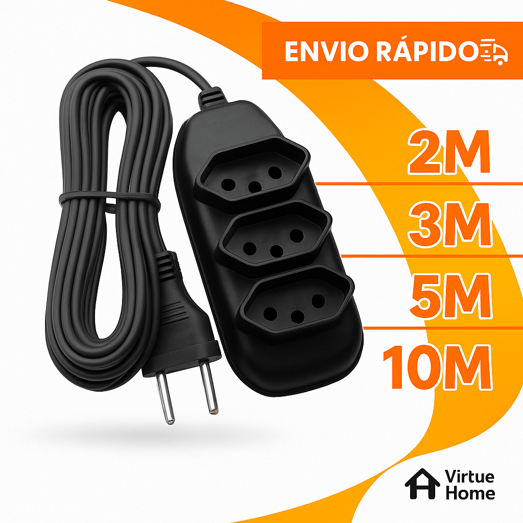 Extensão Elétrica 10, 5, 3, 2 Metros - BIVOLT 110/220V 10A Tomada Tripolares Resistente Preta em Oferta na Shopee