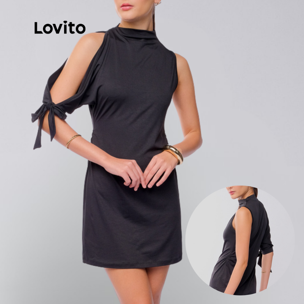 Lovito Vestido Curto Manga Cut Out Casual Lisa para Mulheres LB938BRL968 em Oferta na Shopee