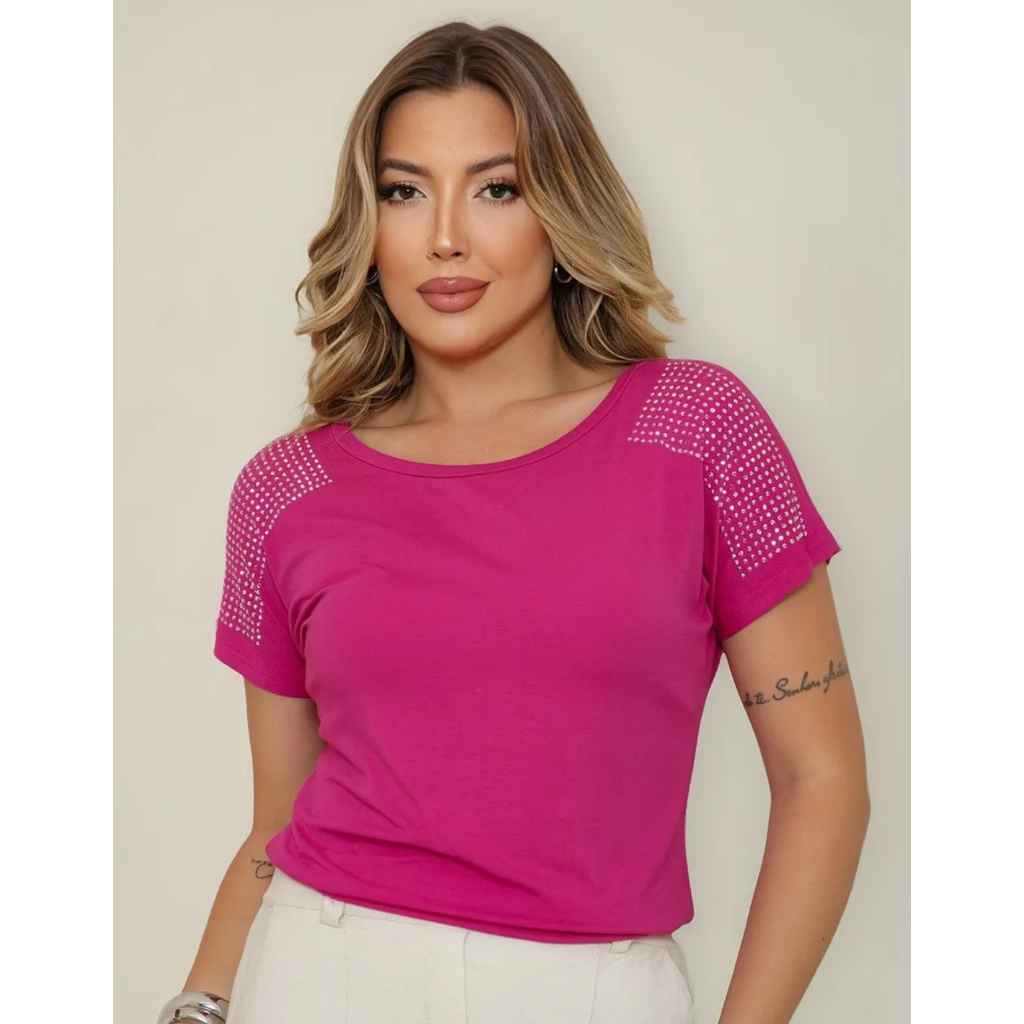 Blusa Diferente Strass Ombro Look Casual Chic Dia A Dia