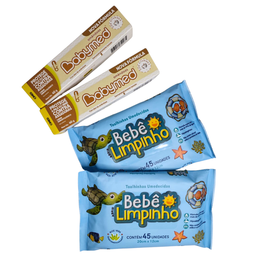 Kit 2 pomada babymed amêndoas para assadura + 2 lenço humedecido com 45 un cada