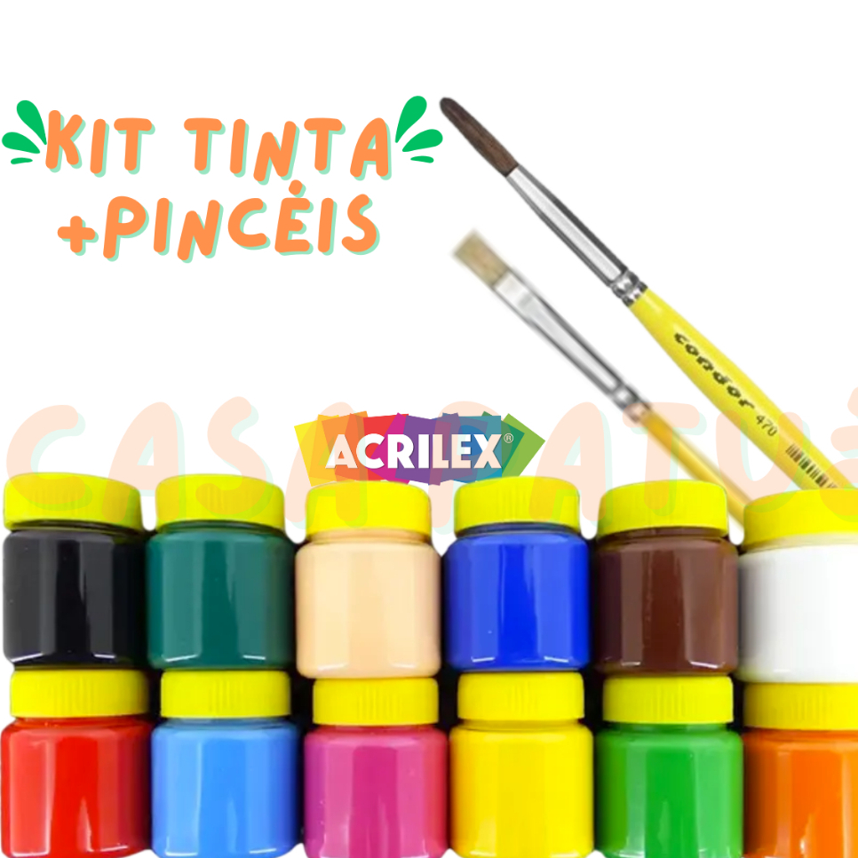Kit Tinta Guache Acrilex 12 Cores + 2 PINCÉIS Lavável | Kit Pintura Escolar Infantil