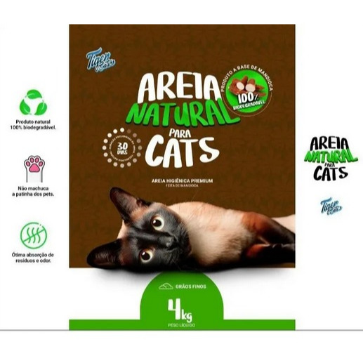 Areia Higiênica Natural Biodegradável Gatos Tiger Cats 4kg evita o desperdicio, maior rendimento, sem poeira