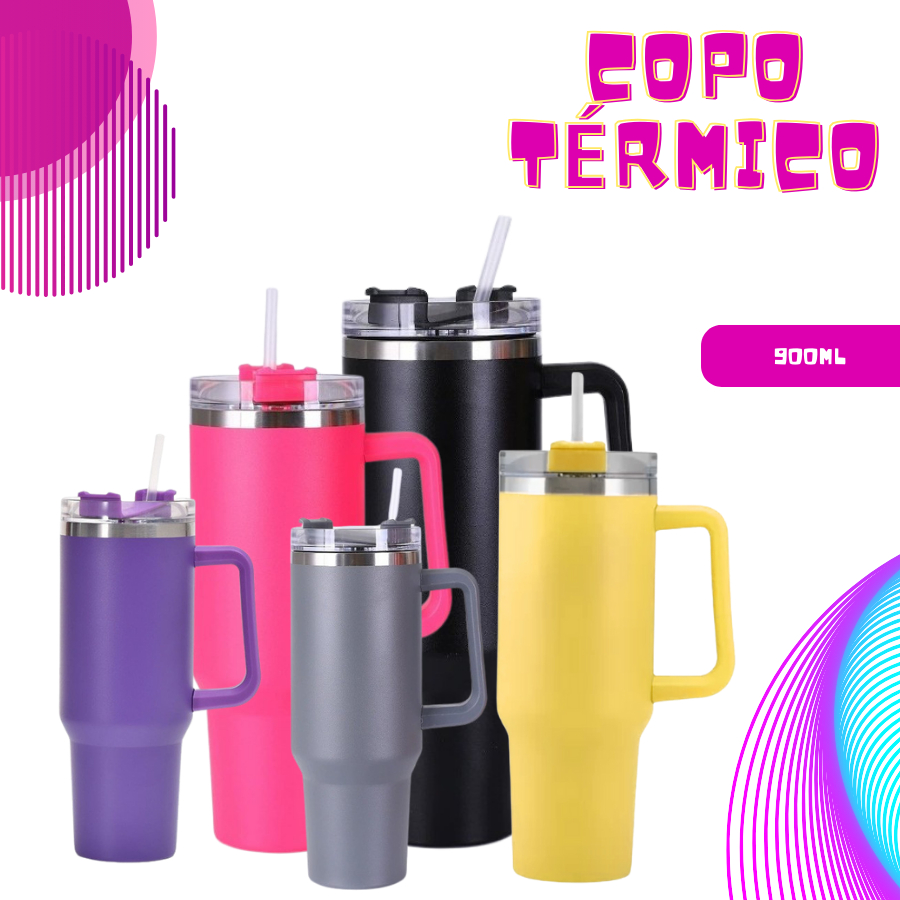 Copo Térmico Aço Inoxidável 900ML Com Alça  Tumbl Com Canudo P/ Academia Trabalho Caminhada