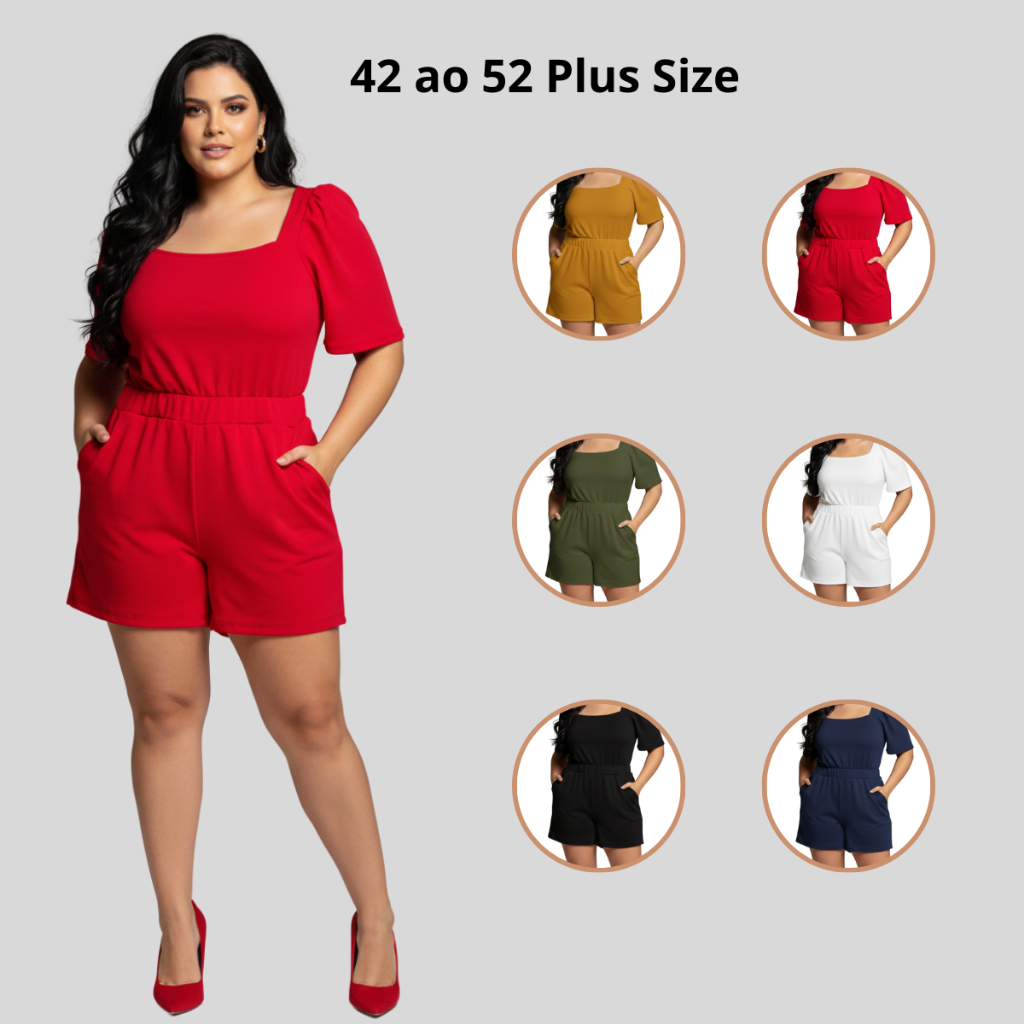 Macacão Curto Plus Size Feminino Soltinho Laço com Botões Macaquinho Verão Tendência Blogueira Moda Gringa