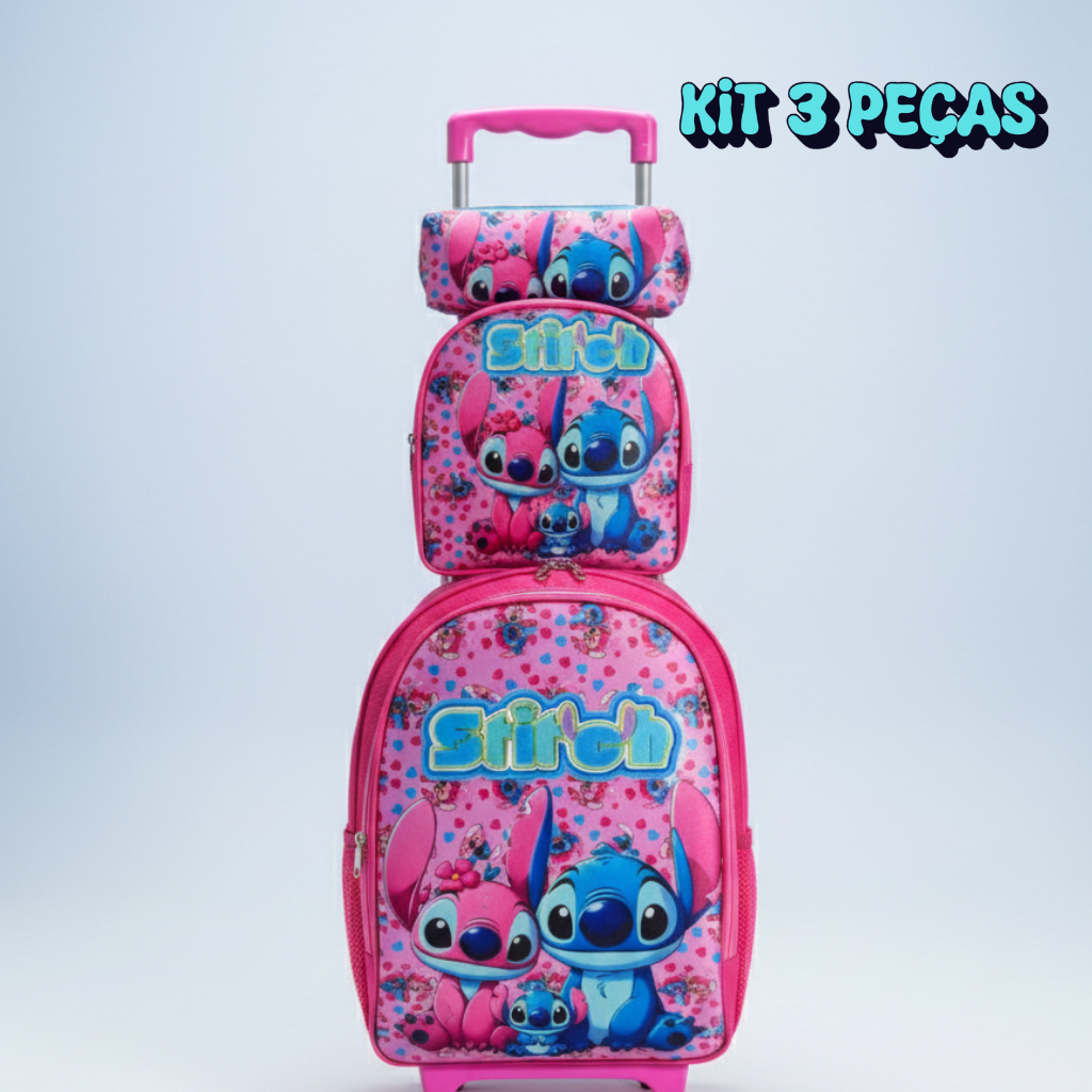 Kit Mochila Lilo & Stitch Infantil com Rodinhas – Envio Rápido em Oferta na Shopee